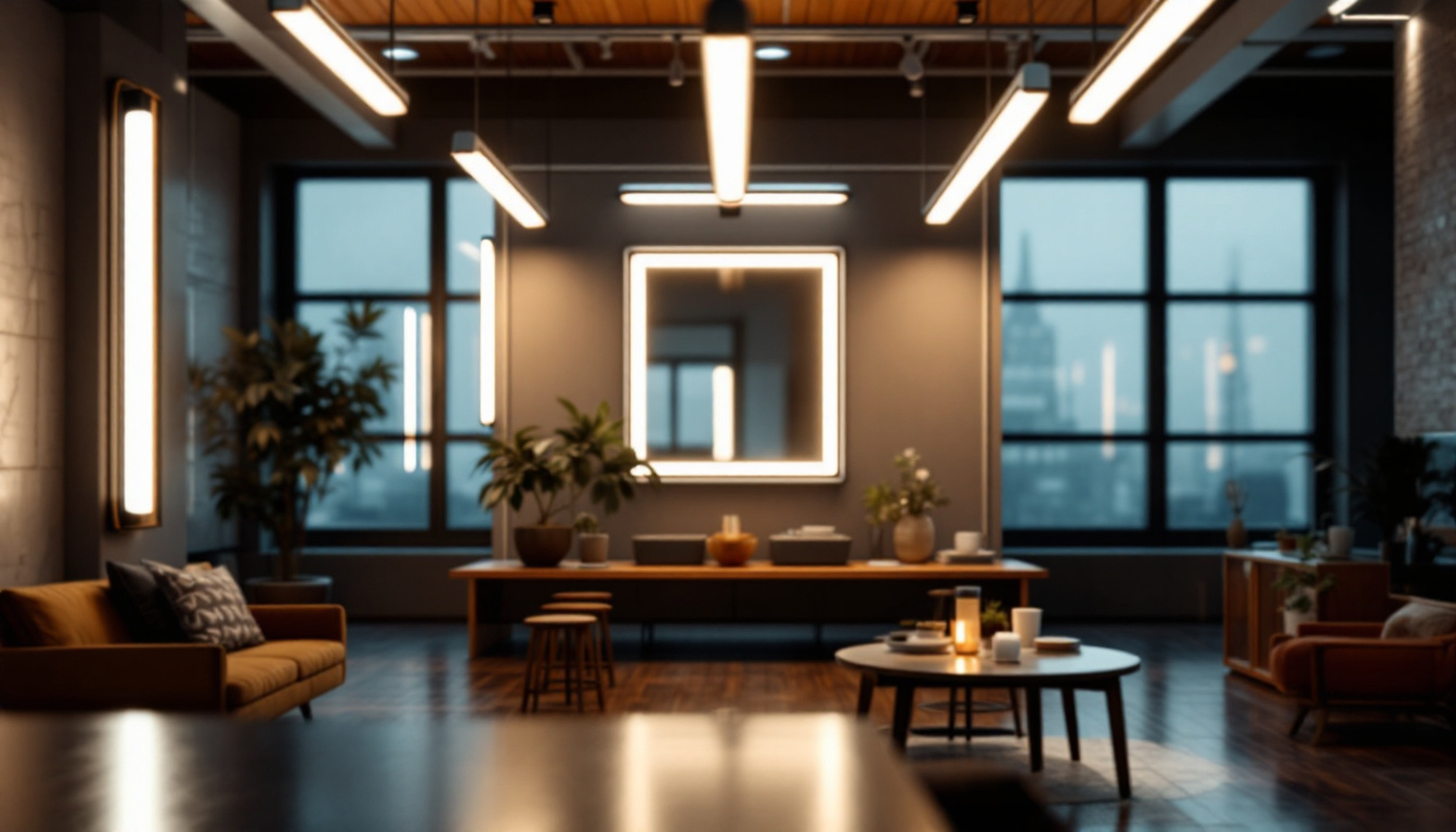 A photograph of a well-lit interior space showcasing a variety of stylish tube light fixtures in use