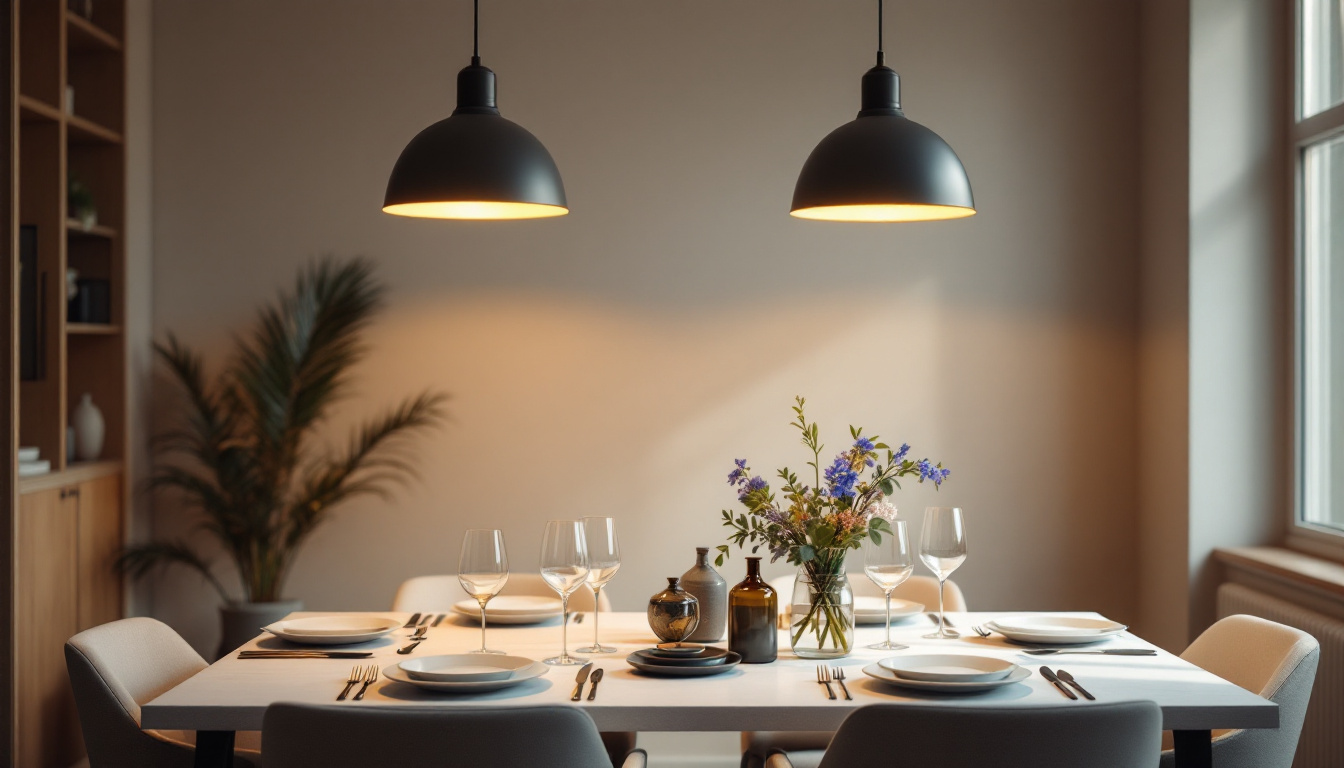 A photograph of a beautifully styled dining room featuring elegant pendant lights that highlight the table setting