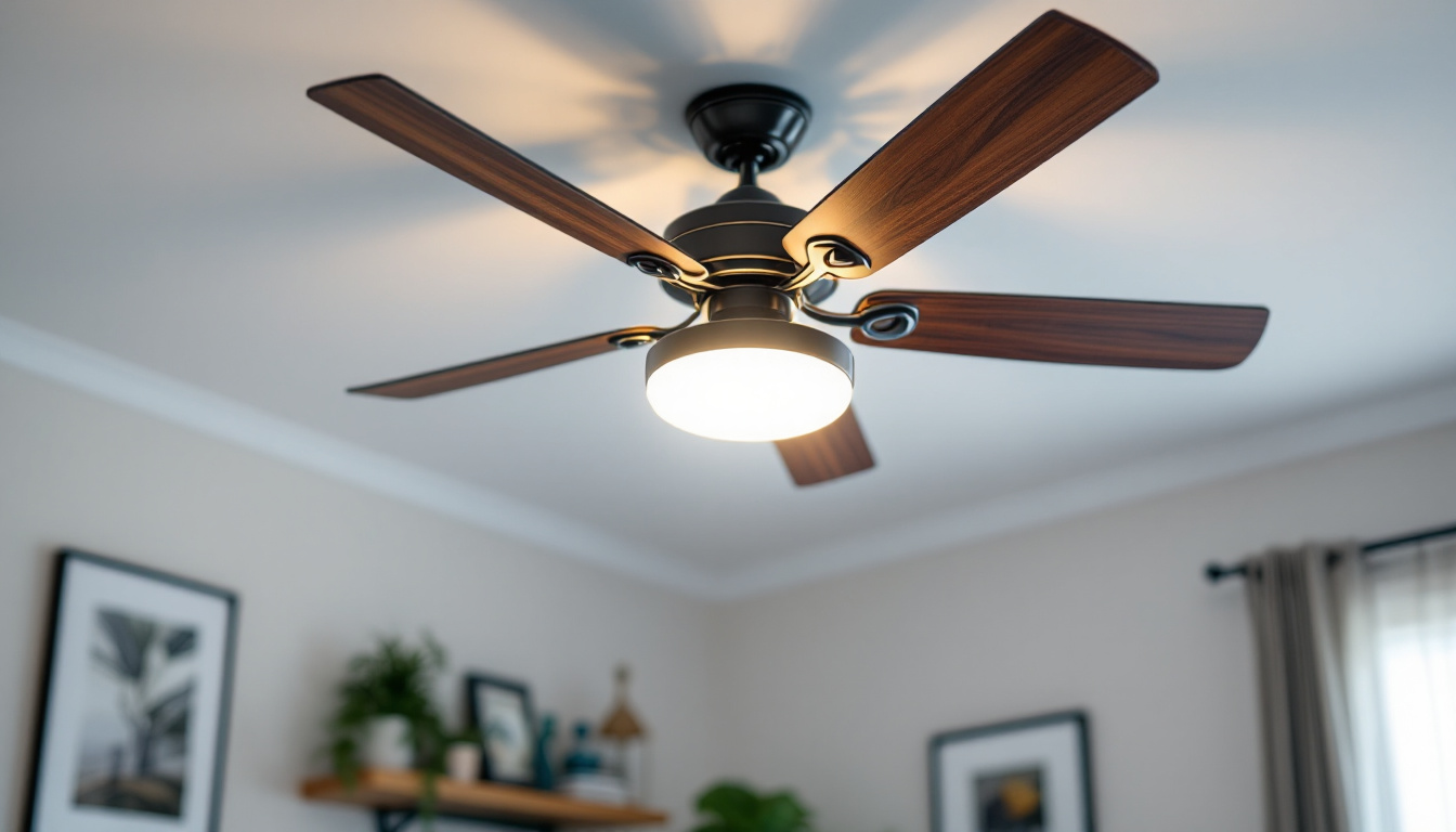 A photograph of a stylish ceiling fan with an illuminated light fixture
