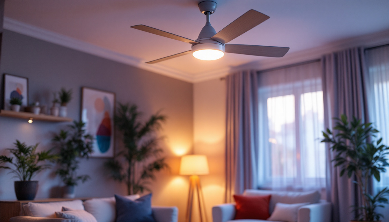 A photograph of a stylish ceiling fan with integrated lighting in a well-decorated living room