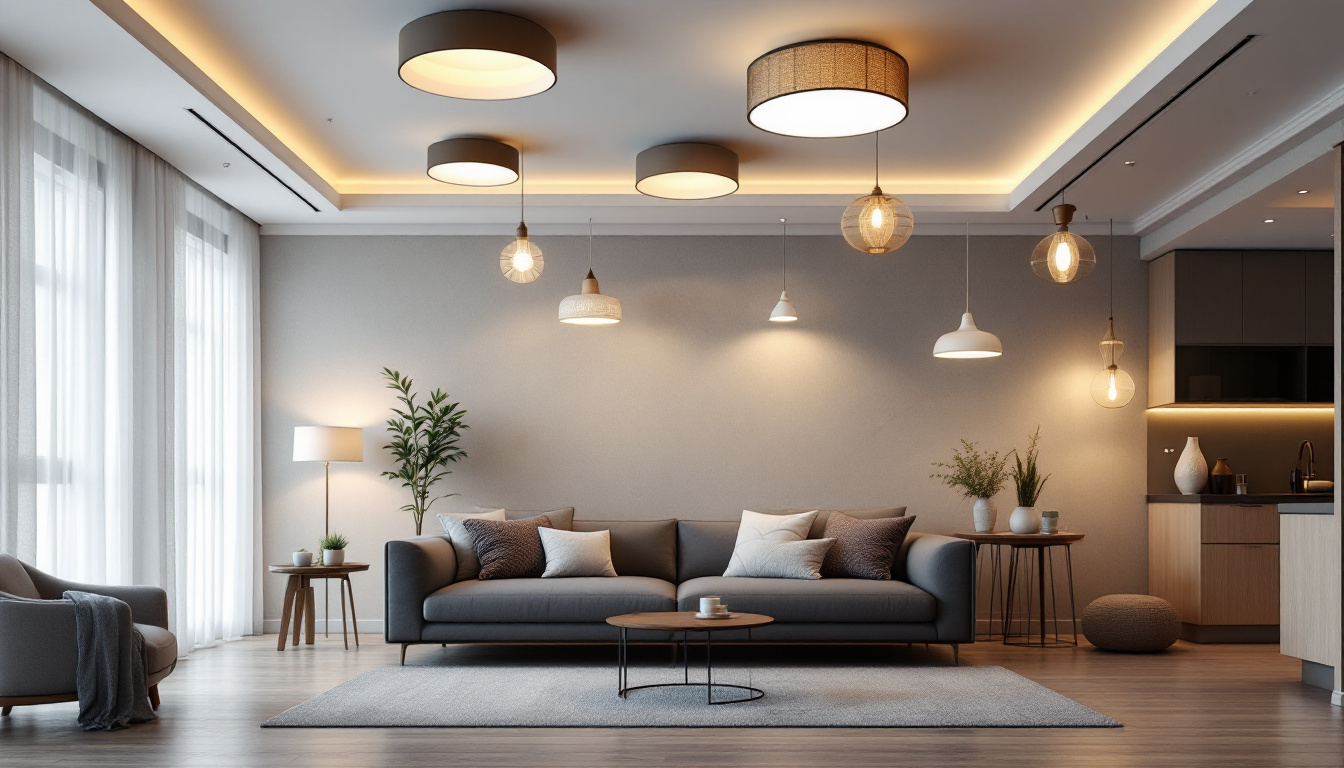 A photograph of a beautifully designed room featuring a variety of stylish ceiling lighting fixtures that enhance the space's ambiance