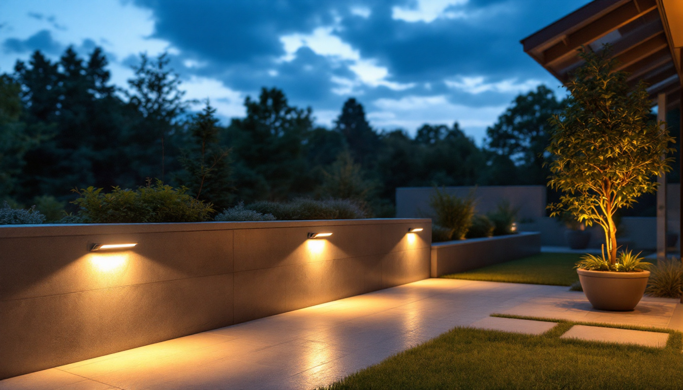 A photograph of a beautifully designed outdoor space showcasing recessed can lights illuminating a patio or garden area