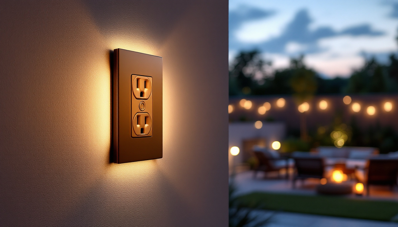 A photograph of a well-lit outdoor electrical outlet cover in use