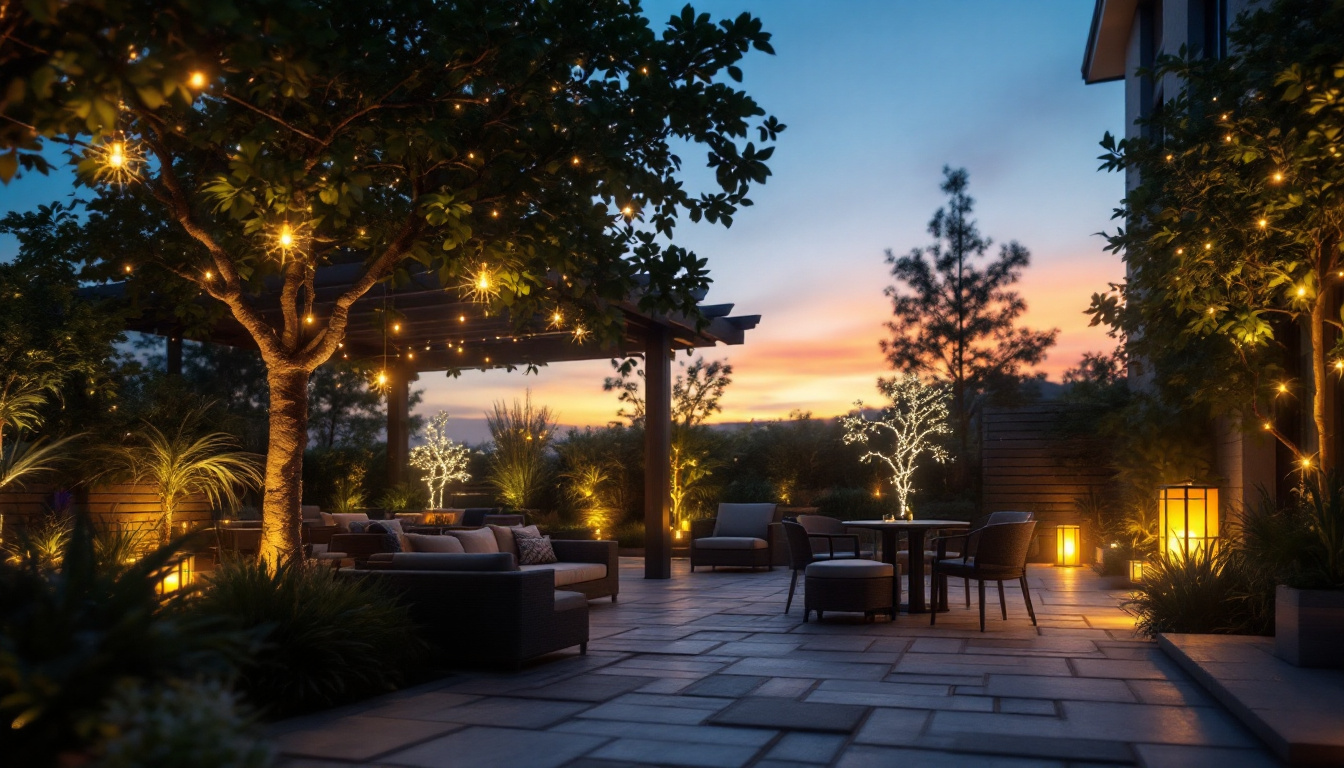 A photograph of a beautifully illuminated outdoor space featuring an array of decorative lights that highlight the textures and colors of the surroundings