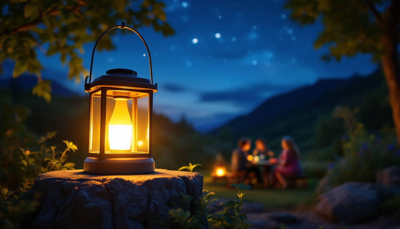 A photograph of a vibrant outdoor scene at dusk featuring a solar lantern illuminating a cozy gathering