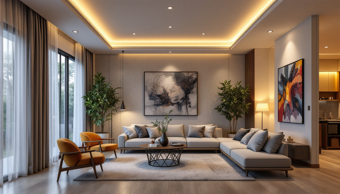 A photograph of a beautifully designed living space featuring recessed ceiling lights