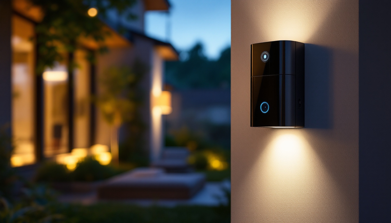 A photograph of capture a photograph of a well-lit outdoor setting showcasing a stylish motion detector alarm integrated with ambient lighting
