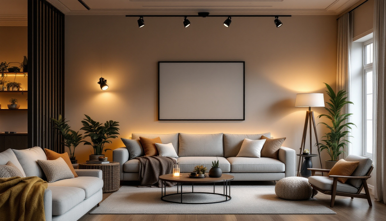 A photograph of a stylish living room featuring a variety of track lighting setups