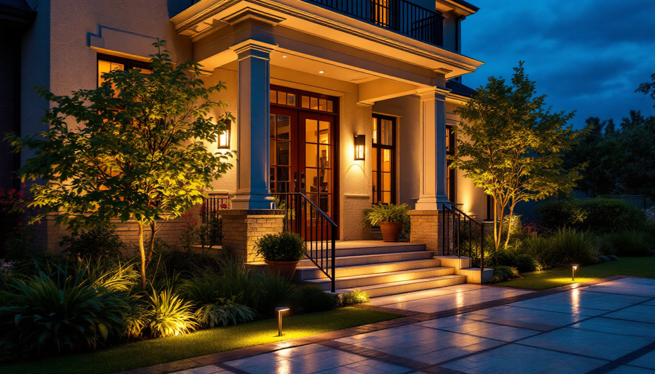 A photograph of a beautifully illuminated outdoor space featuring strategically placed house spotlights that enhance the architecture and landscaping