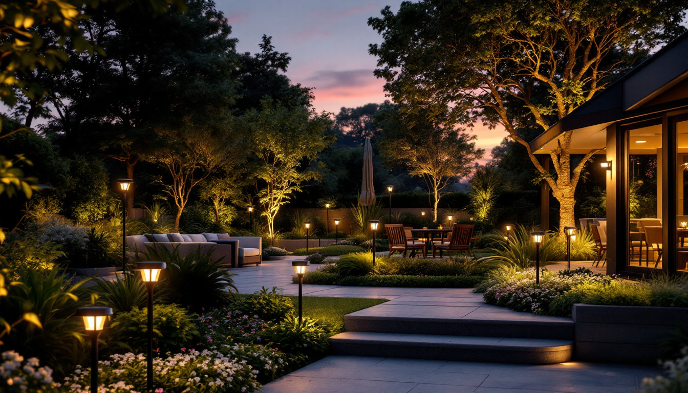 A photograph of a beautifully lit outdoor space at dusk