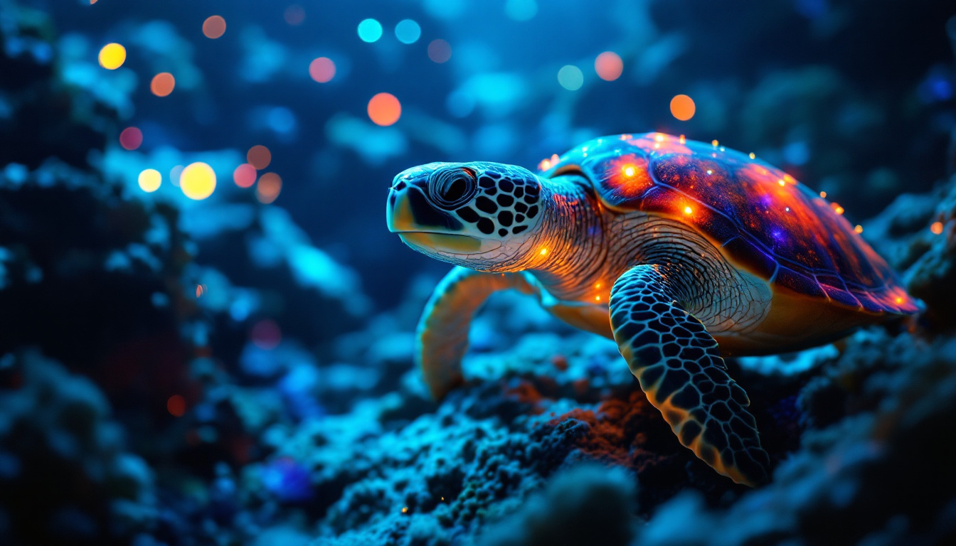 A photograph of a serene underwater scene featuring a turtle illuminated by soft