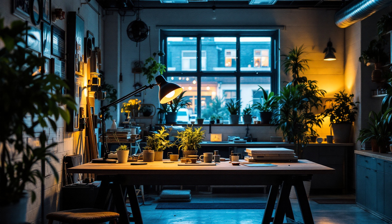 A photograph of a well-lit workspace featuring lowe's shop lights