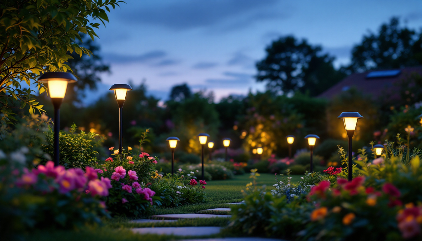 A photograph of a beautifully illuminated garden scene at dusk