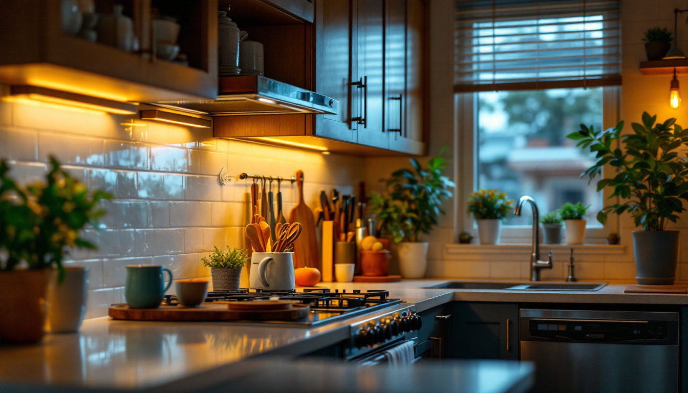 A photograph of a beautifully illuminated kitchen scene showcasing under-cabinet lights in action