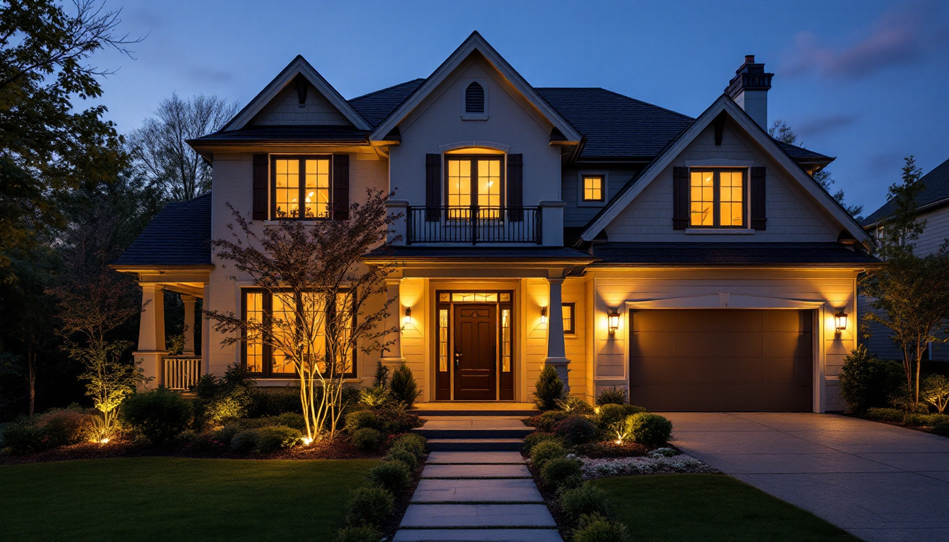 A photograph of a beautifully lit home exterior at dusk