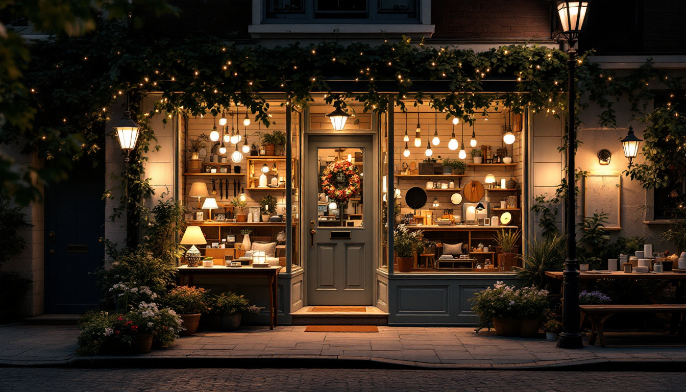 A photograph of a well-lit exterior of a charming lighting store