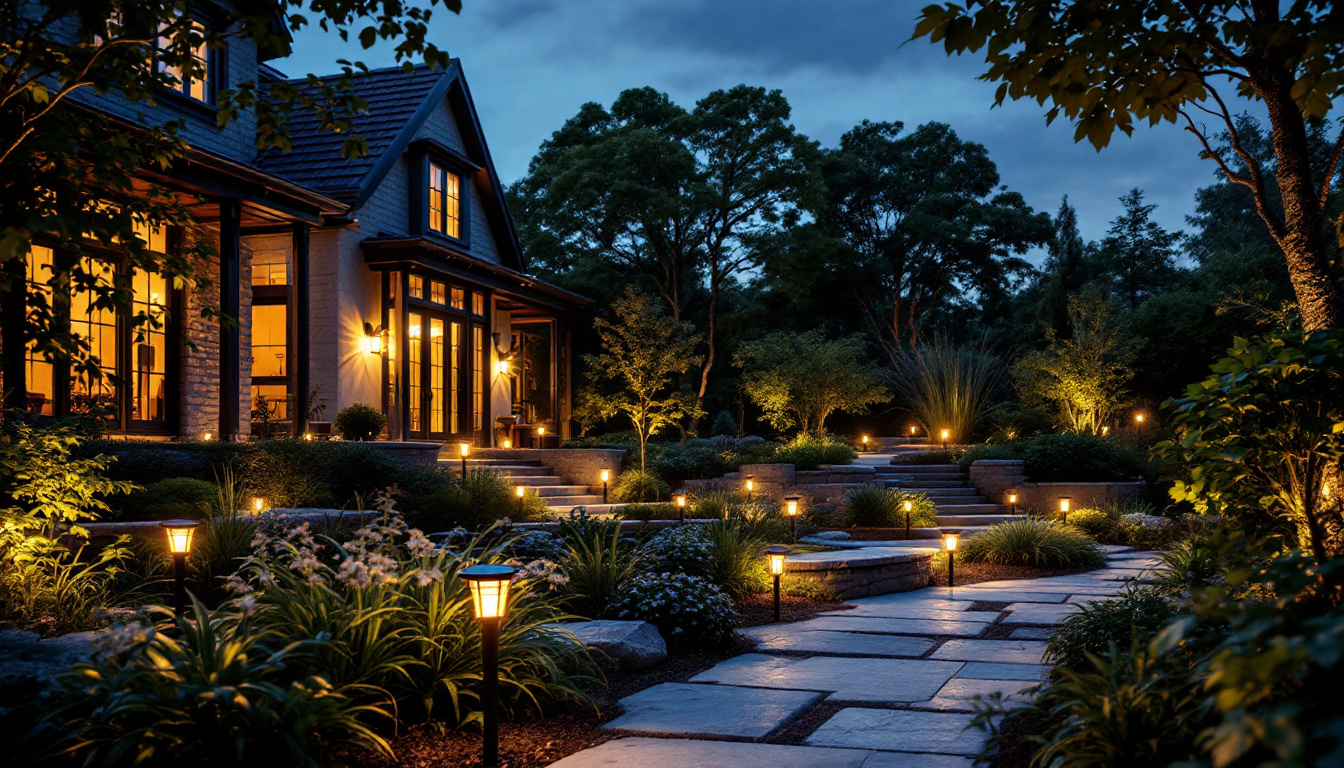 A photograph of a beautifully illuminated outdoor space featuring solar landscape lights in use at dusk