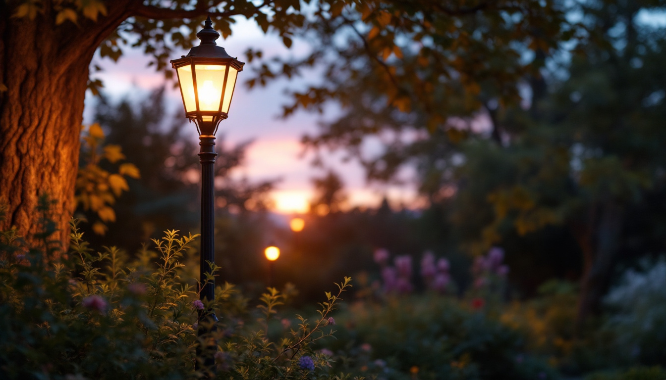 A photograph of a beautifully illuminated outdoor lamppost in a picturesque garden setting during twilight