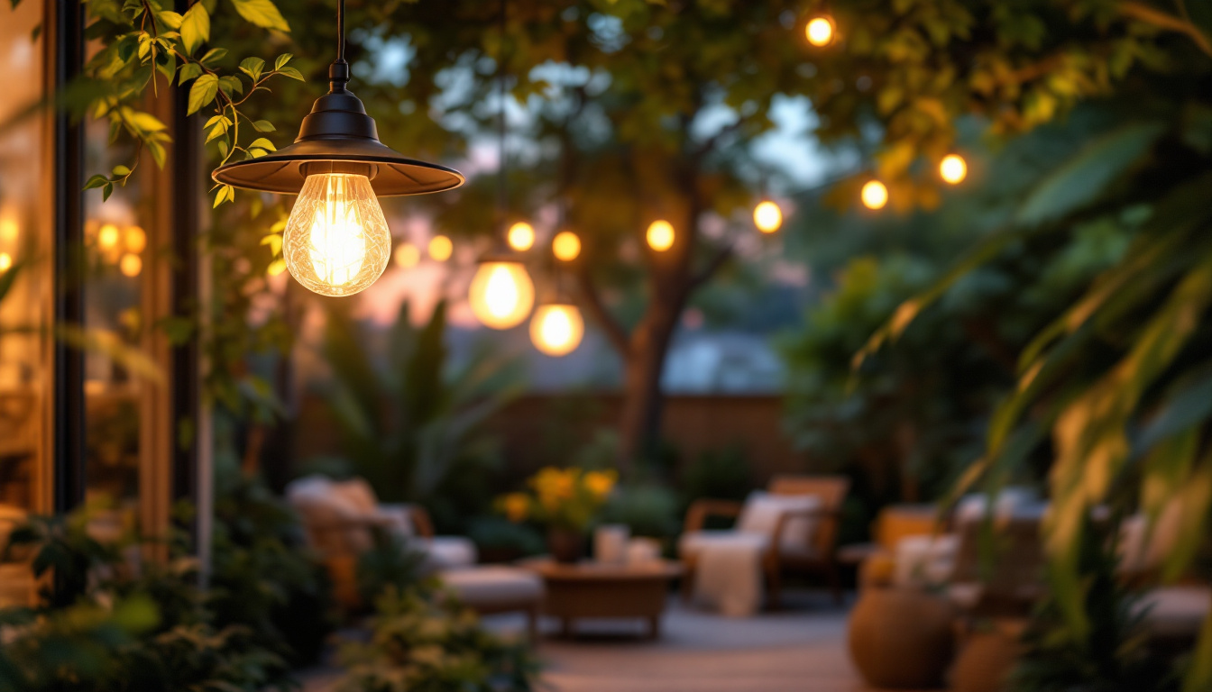 A photograph of a beautifully designed hanging patio lamp illuminating an outdoor space