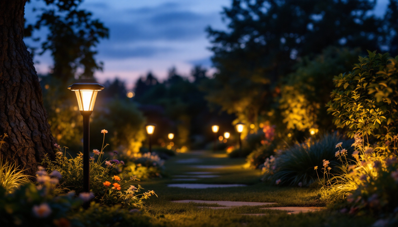 A photograph of a beautifully illuminated garden or outdoor space at dusk