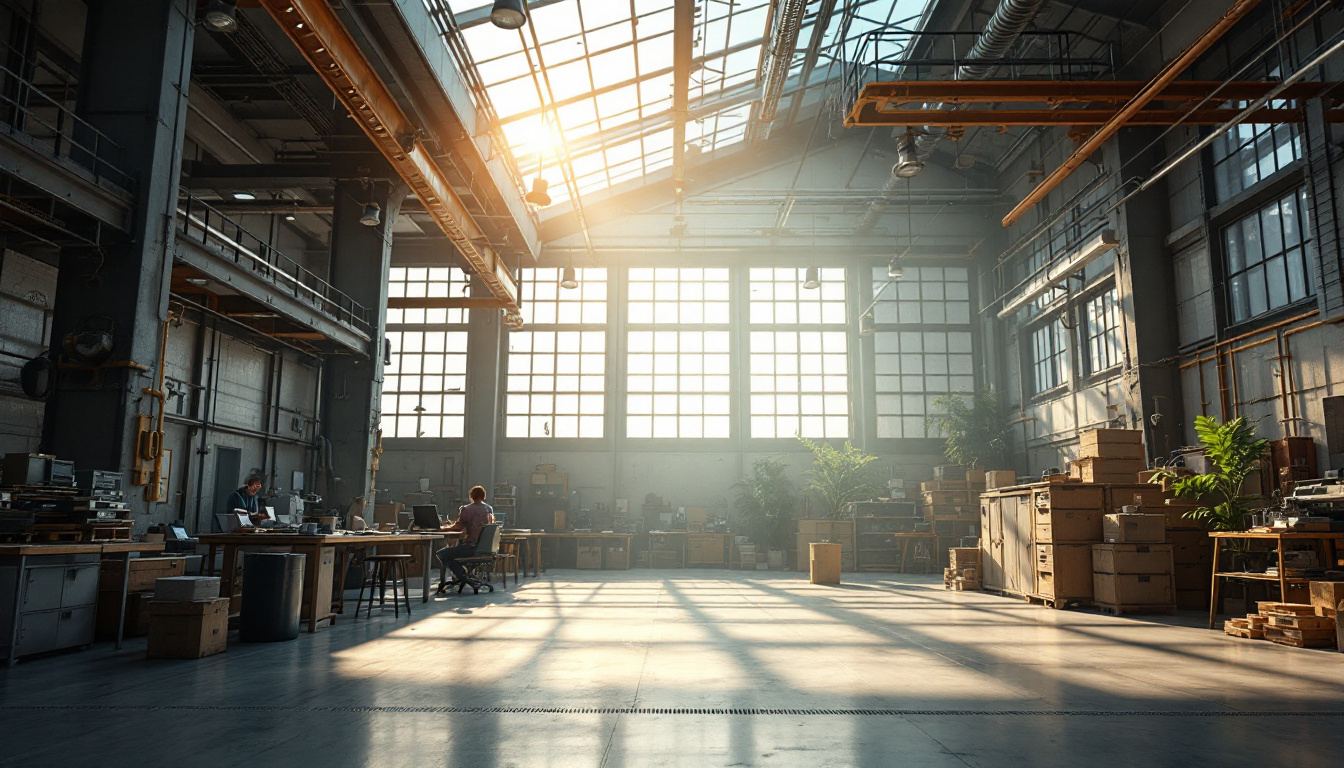A photograph of a well-lit industrial or commercial space that showcases large windows or skylights allowing natural light to flood in