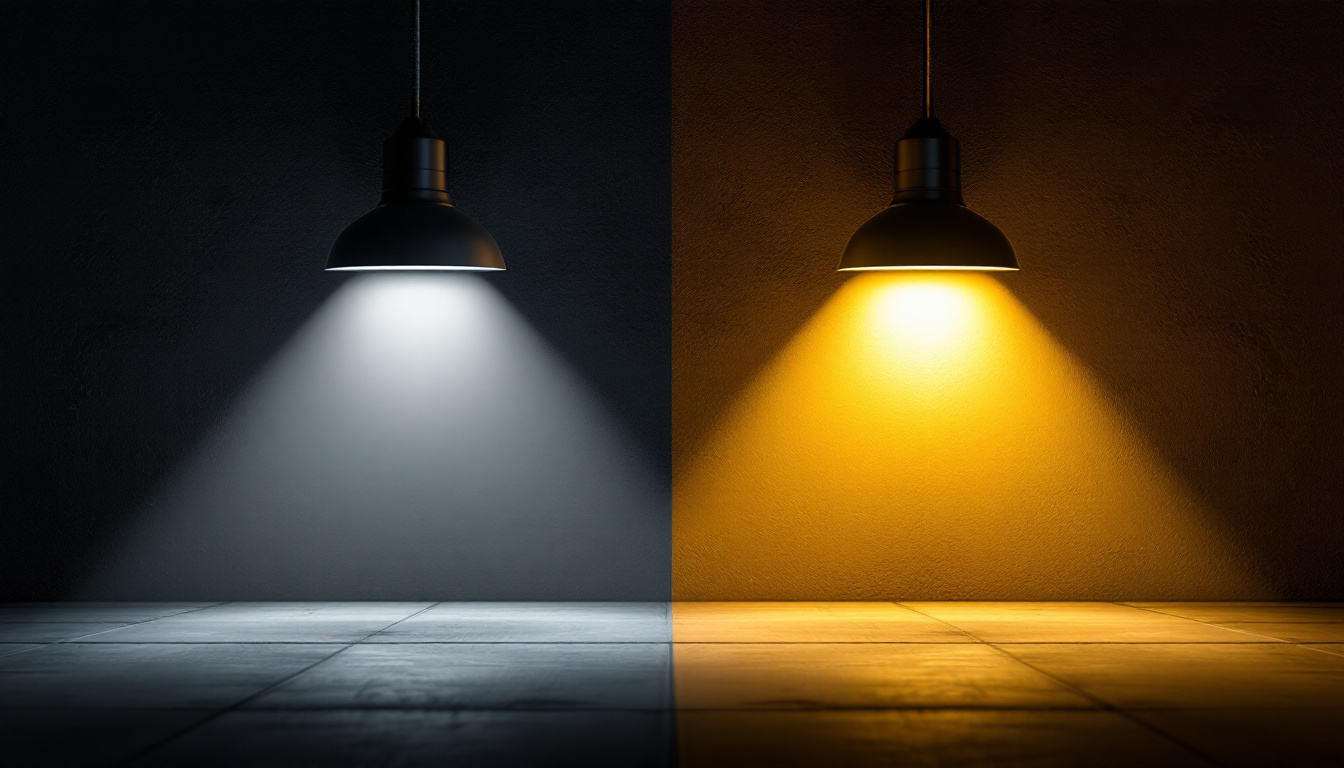 A photograph of a side-by-side comparison of led and hid lights illuminating a dark space
