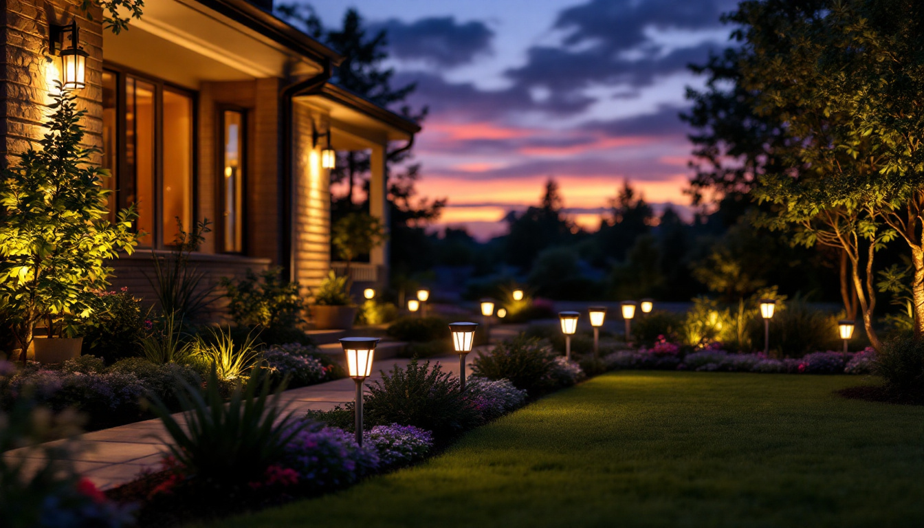A photograph of a beautifully landscaped yard illuminated by various styles of solar lights