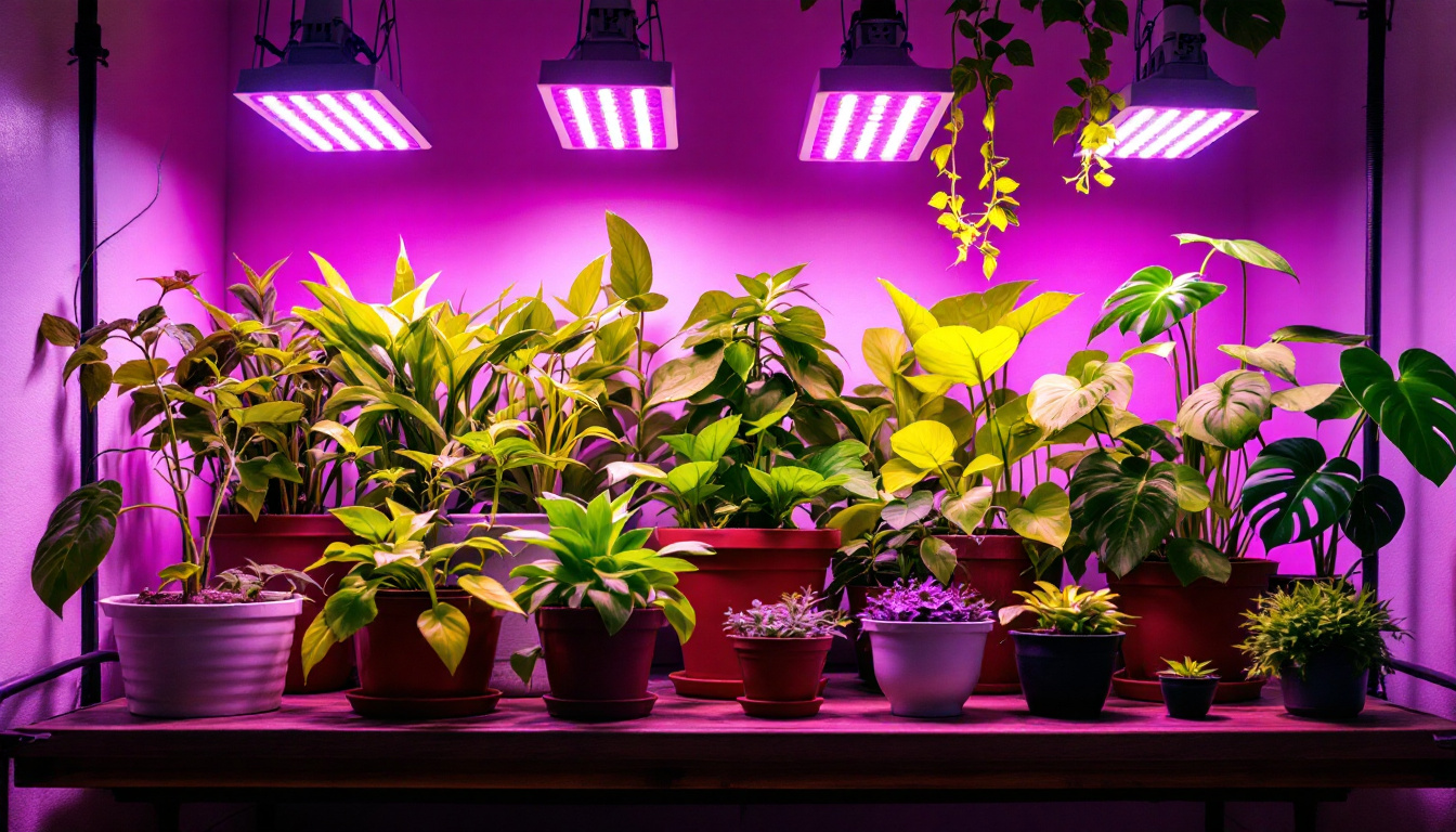 A photograph of a well-lit indoor gardening setup featuring a variety of plants under different types of led grow lights