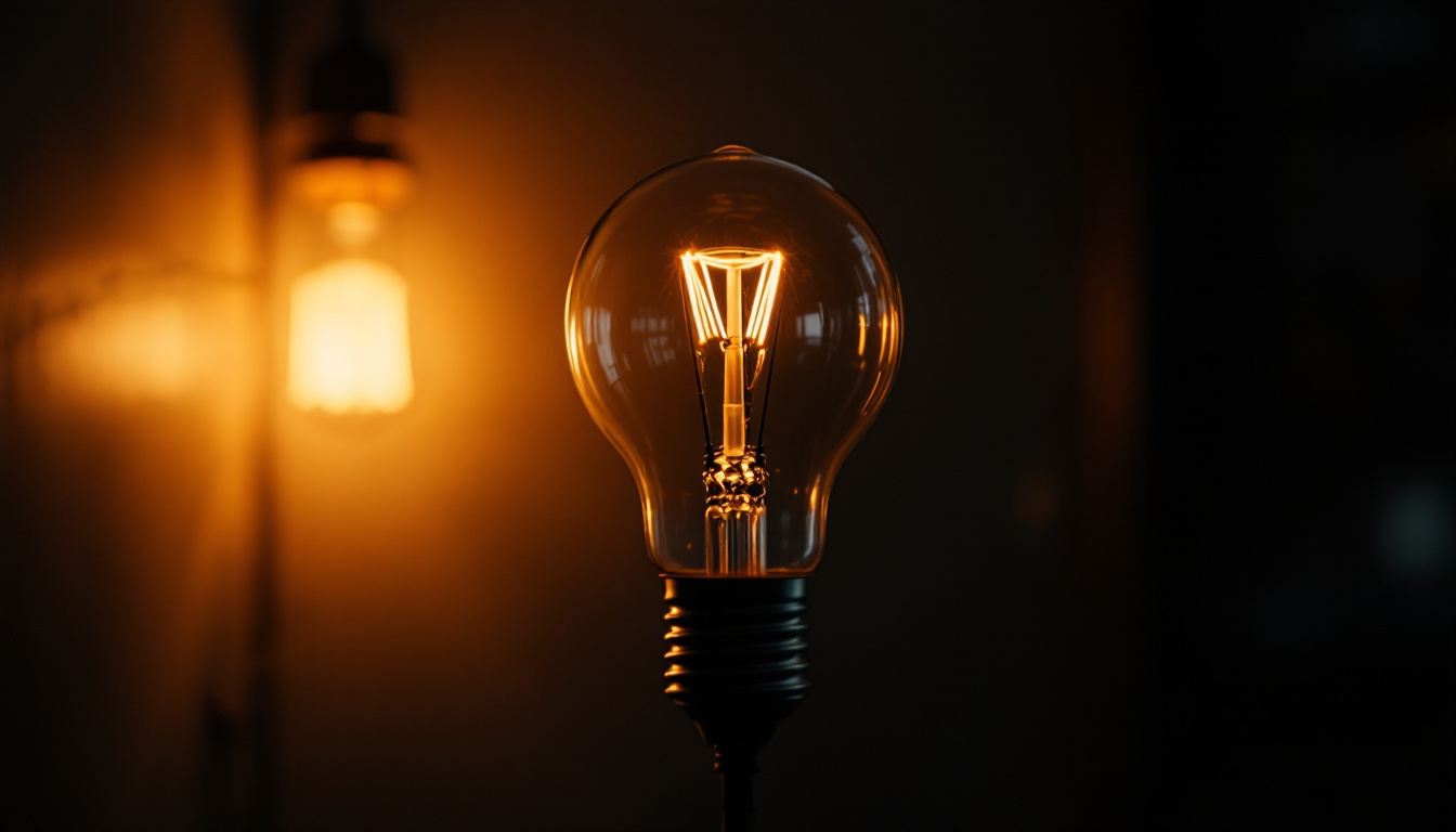 A photograph of a b-c32 light bulb in a dimly lit setting