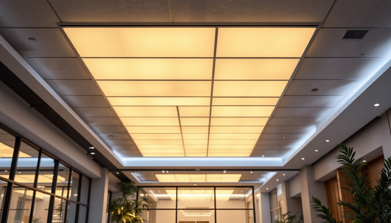 A photograph of a well-lit commercial space featuring a modern drop ceiling design