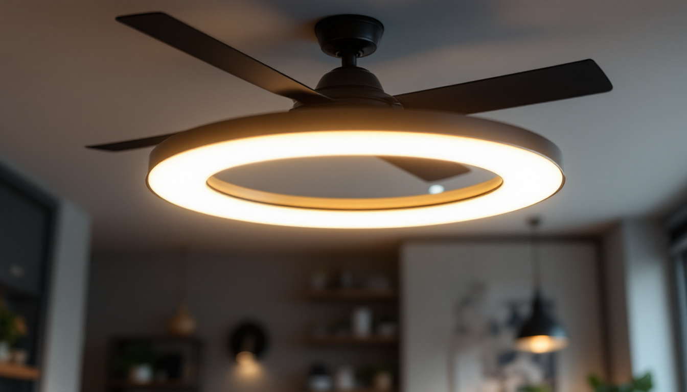 A photograph of a stylish industrial ceiling fan with integrated lighting
