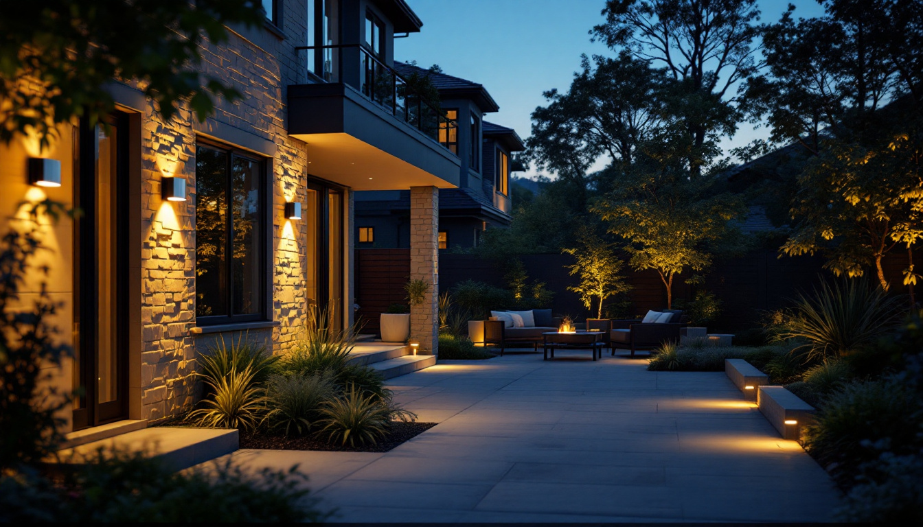 A photograph of a beautifully illuminated outdoor space featuring solar exterior lighting with motion sensors in action