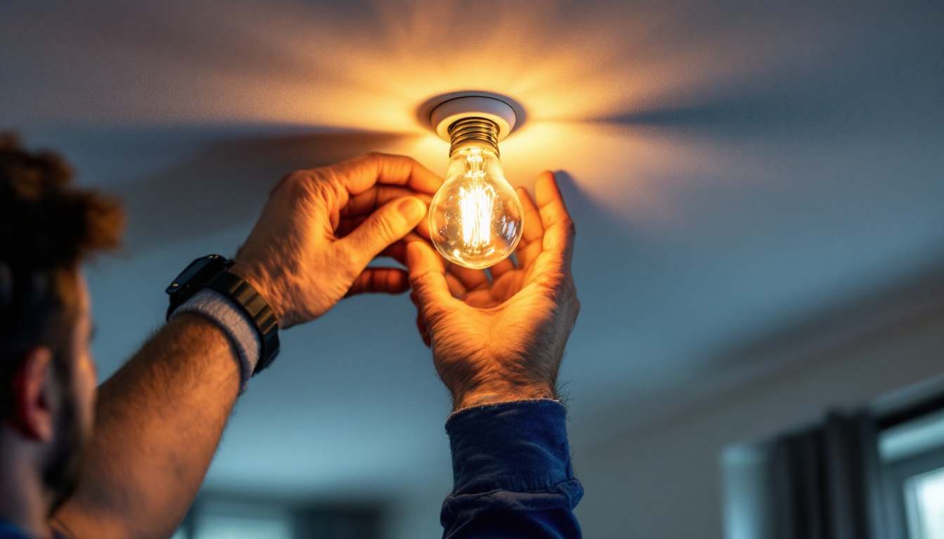 A photograph of a close-up shot of a person carefully changing a light bulb in a recessed ceiling fixture