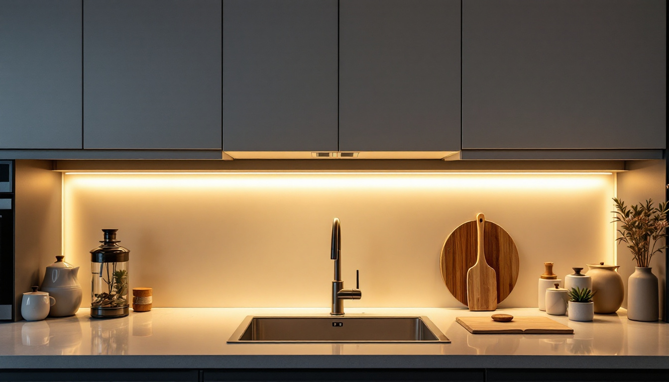 A photograph of a beautifully illuminated kitchen with under-cabinet lighting highlighting the countertops