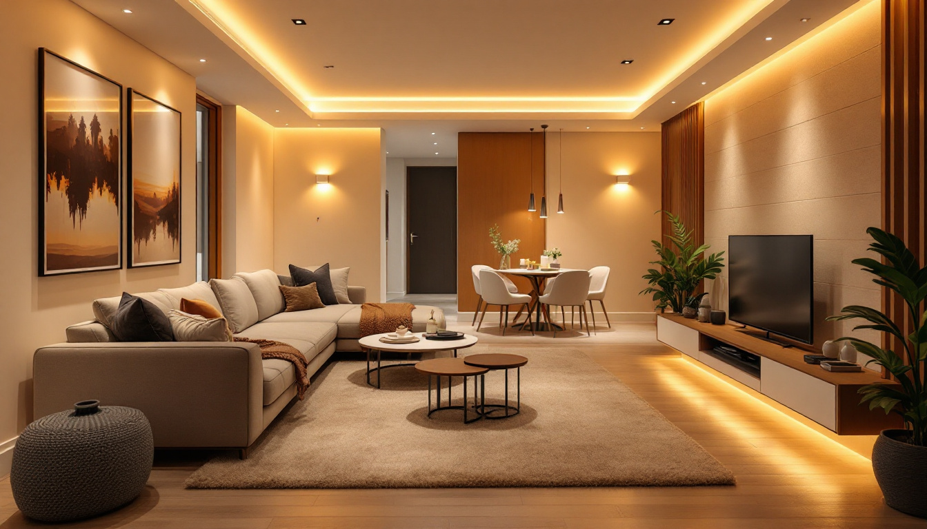 A photograph of a beautifully designed living space featuring well-placed recessed lighting that highlights the room's architecture and ambiance