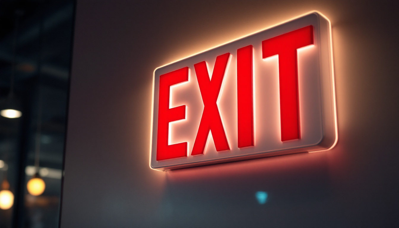 A photograph of a well-lit exit sign in a commercial or public space