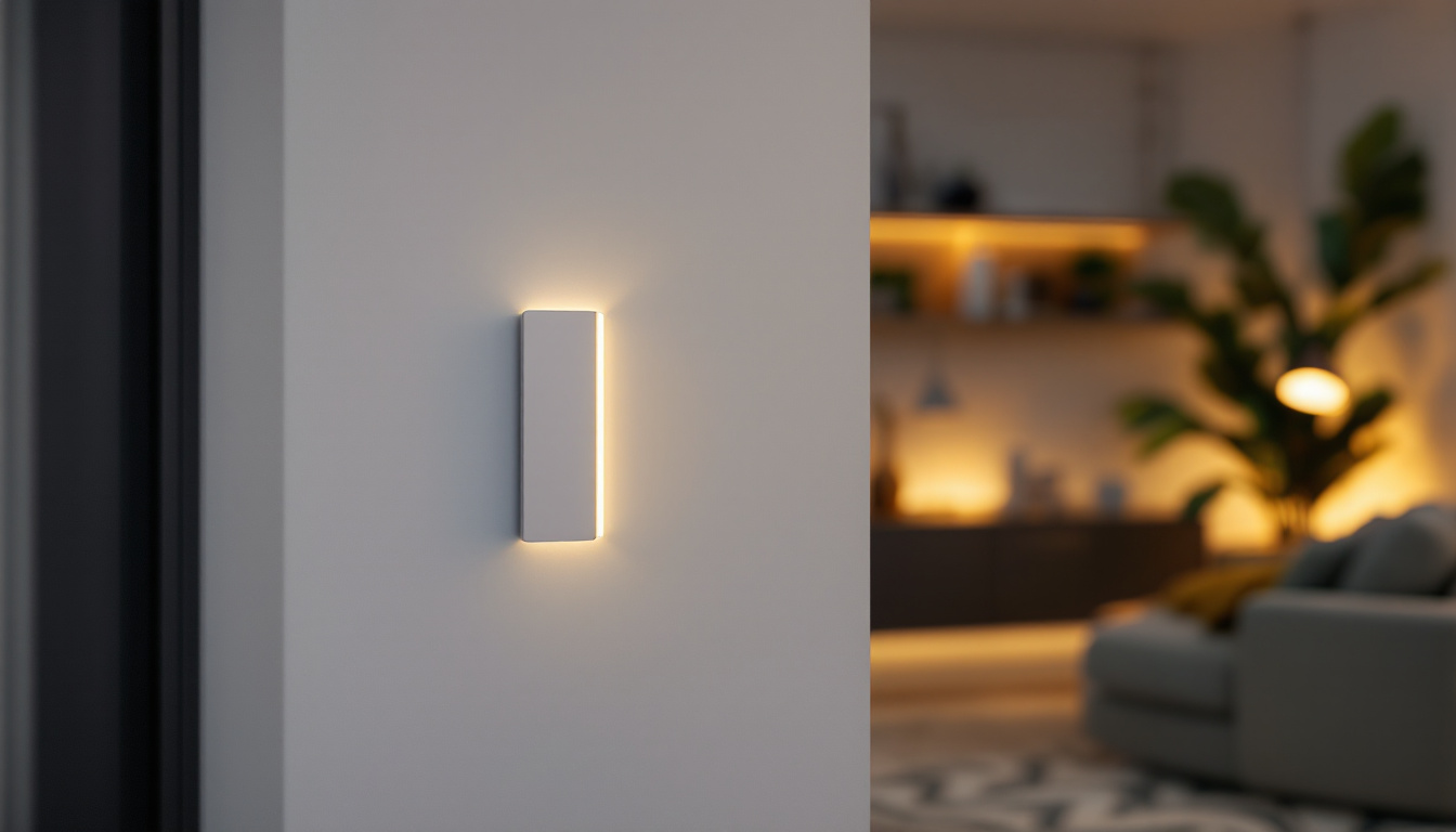 A photograph of a modern smart home light switch in a stylish living room setting
