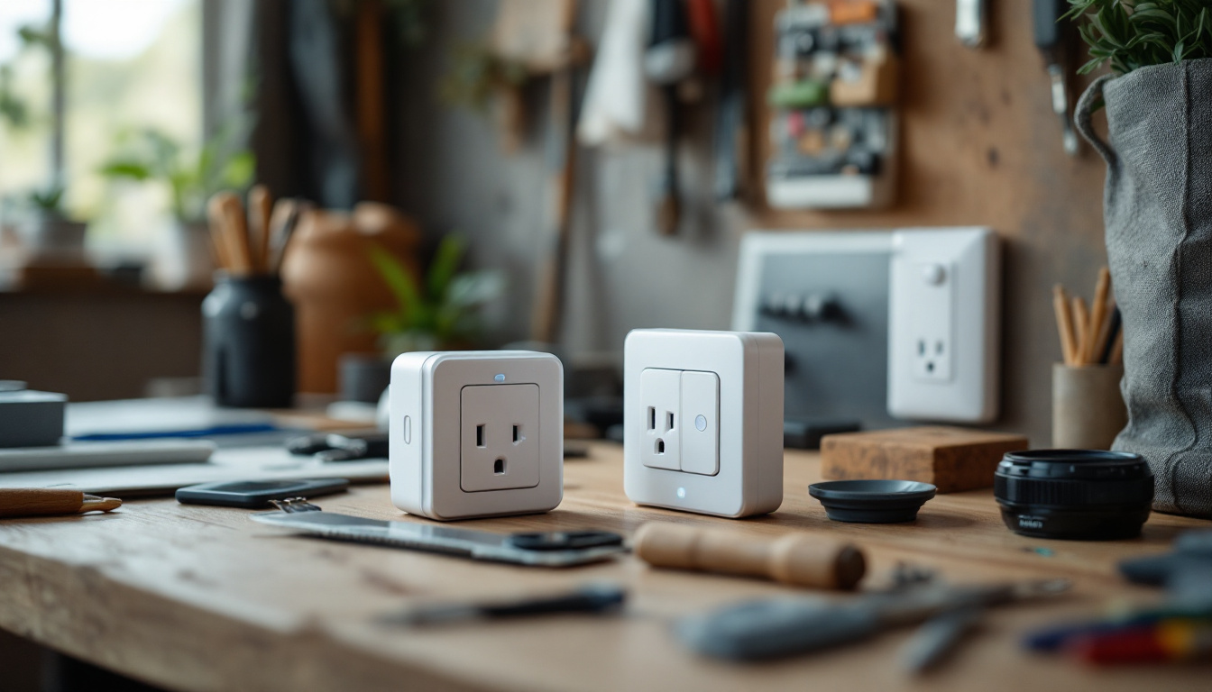 A photograph of a well-lit workspace featuring a variety of motion sensor outlets displayed alongside tools and materials