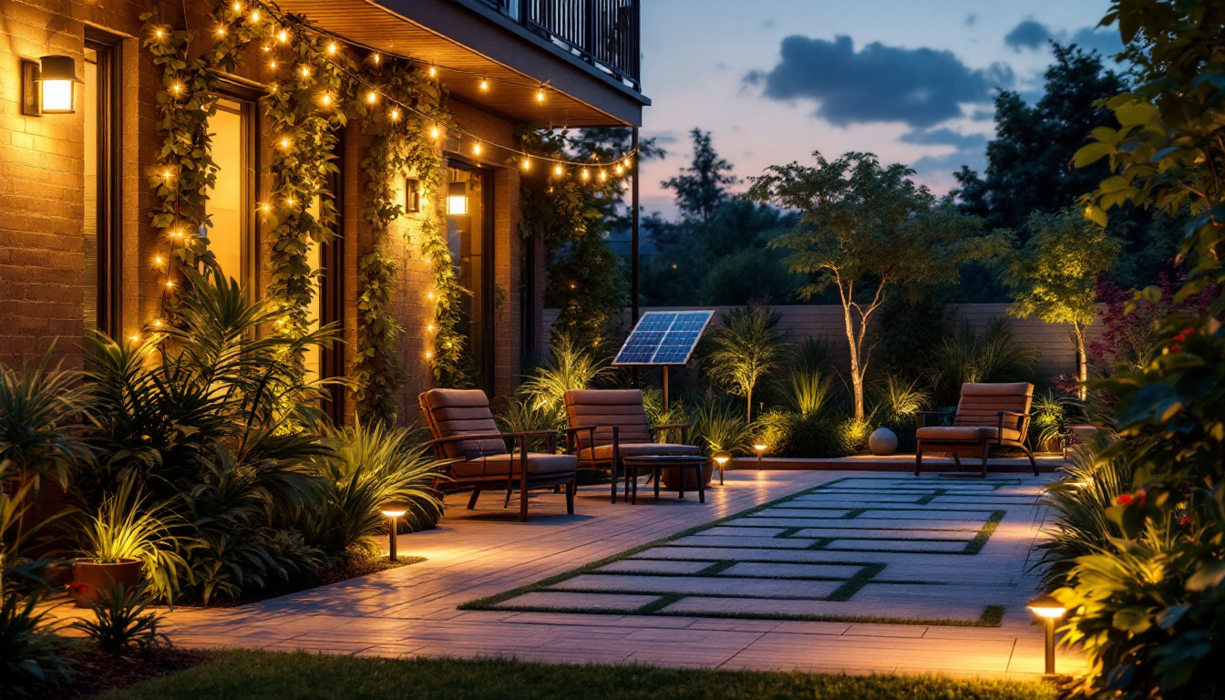 A photograph of a beautifully illuminated outdoor space featuring solar panel lights in various settings