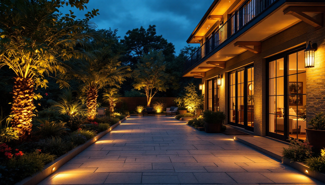 A photograph of a beautifully illuminated outdoor space featuring flood lighting that highlights architectural features