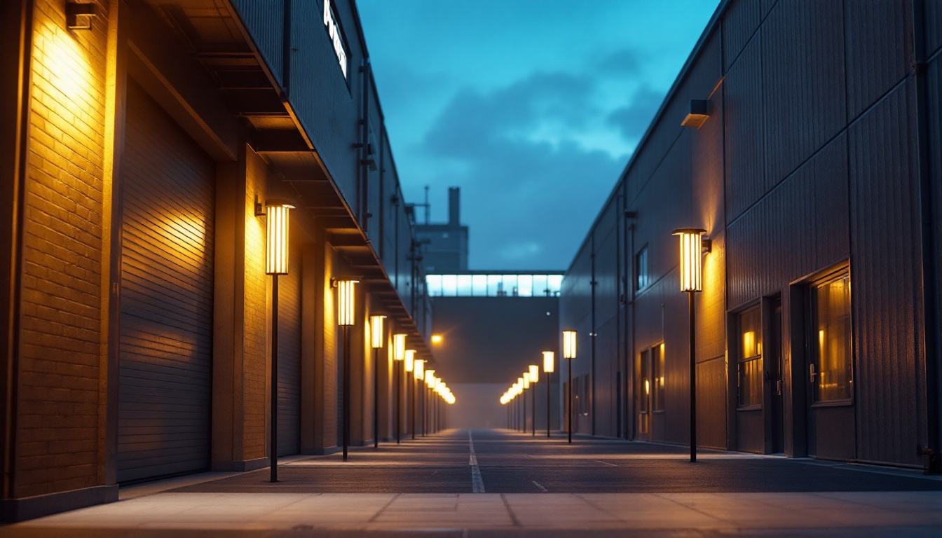 A photograph of a modern industrial or commercial space illuminated by stylish outdoor post light fixtures