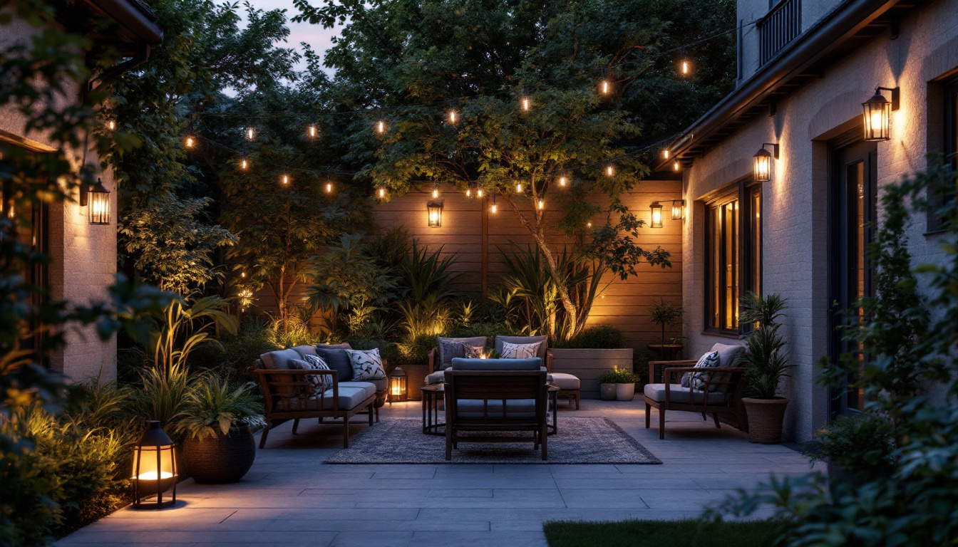 A photograph of a beautifully illuminated outdoor space showcasing a variety of stylish lighting fixtures from an outdoor lighting store