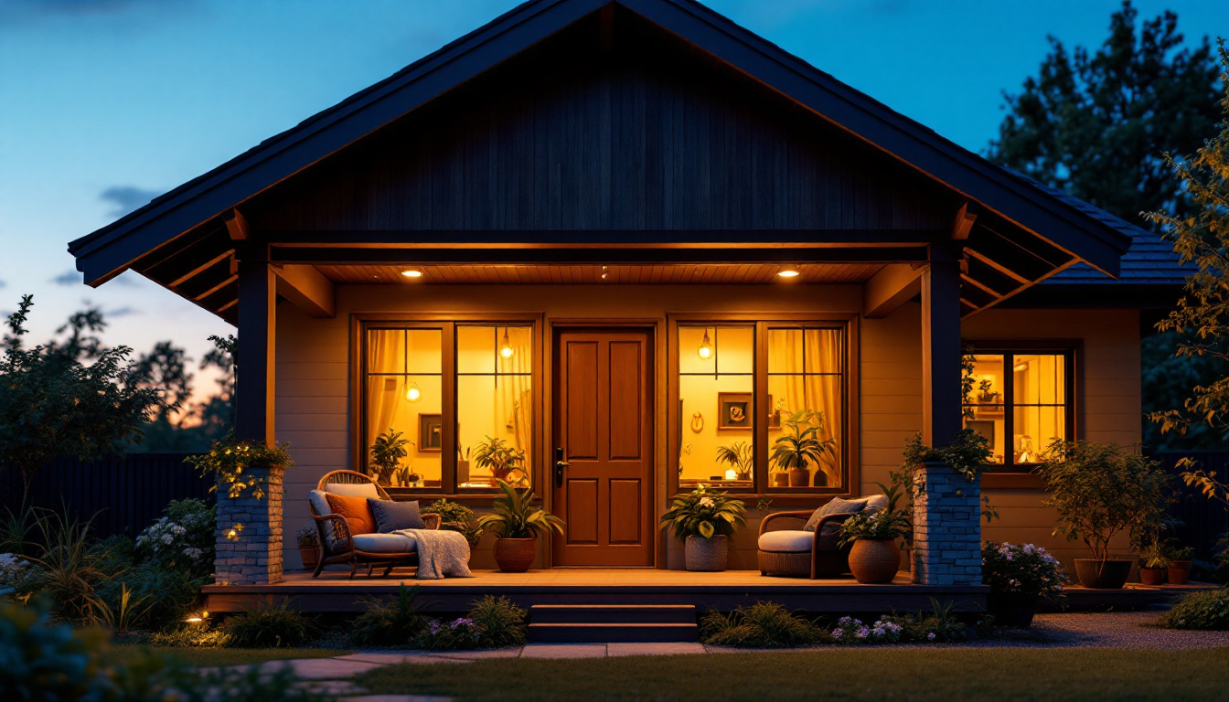 A photograph of a beautifully designed exterior porch featuring energy-efficient ceiling lights