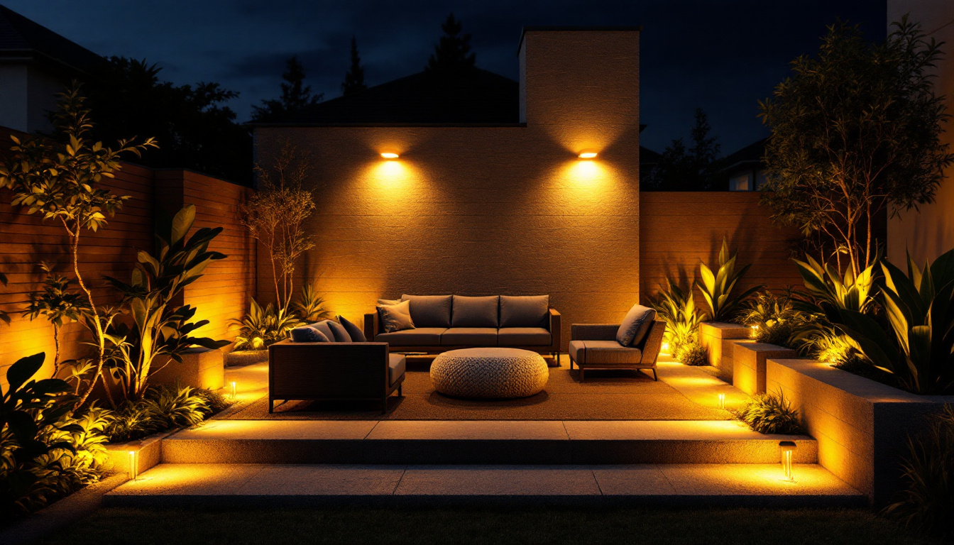 A photograph of a modern outdoor setting illuminated by low voltage flood lights