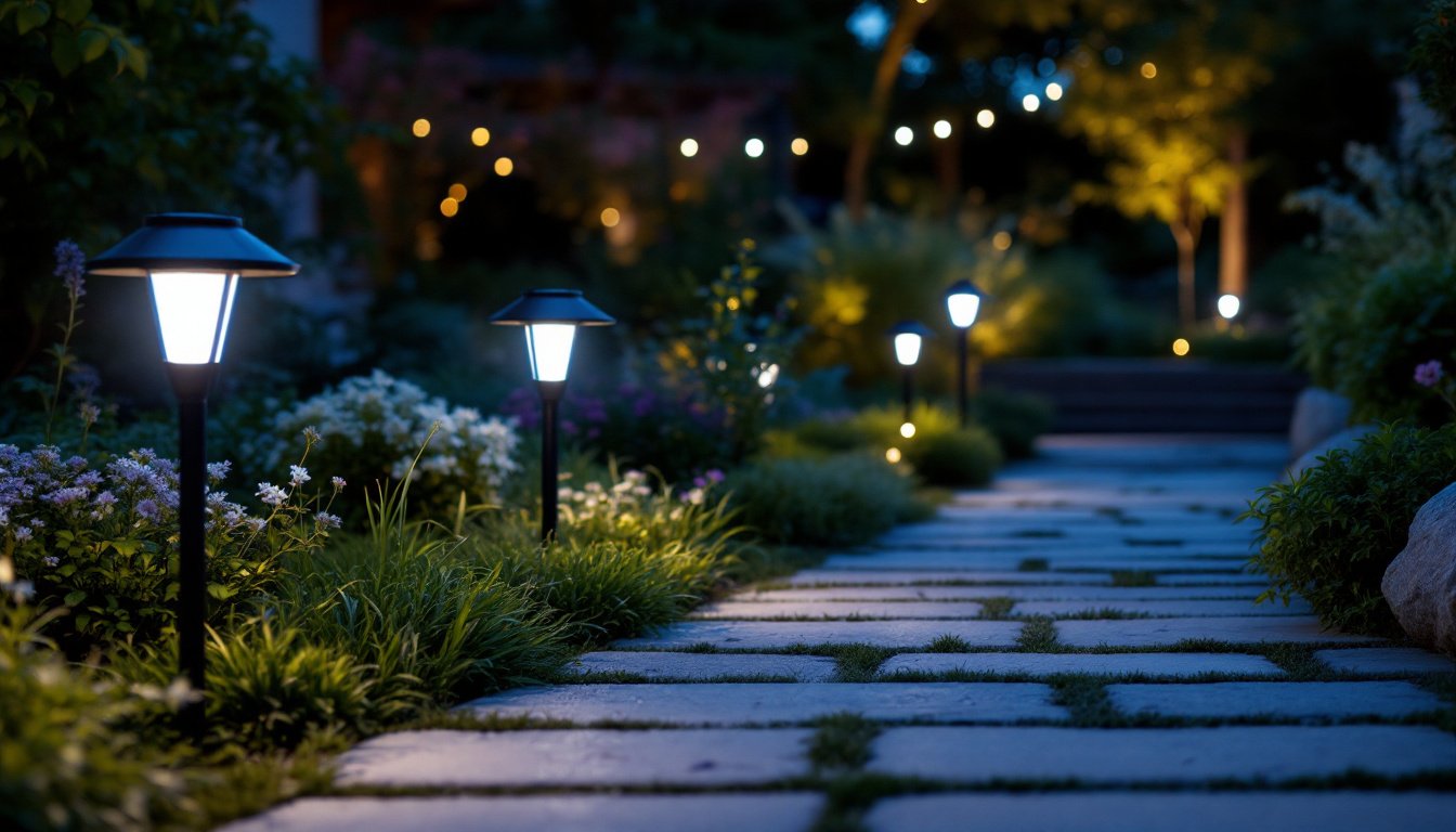 A photograph of a beautifully illuminated outdoor space featuring solar led lights