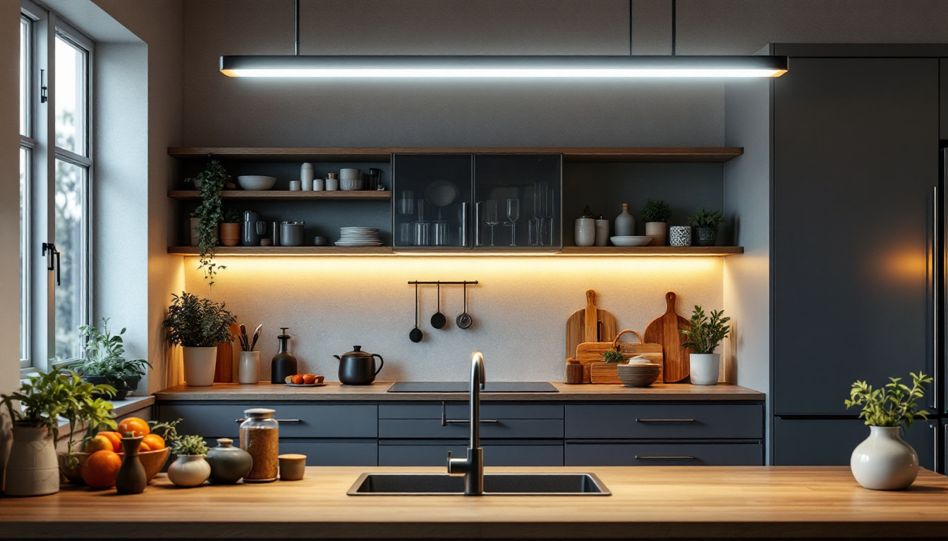 A photograph of a modern kitchen illuminated by a sleek fluorescent light fixture
