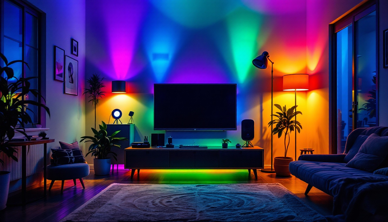 A photograph of a beautifully lit room showcasing a variety of rgb lights in different settings