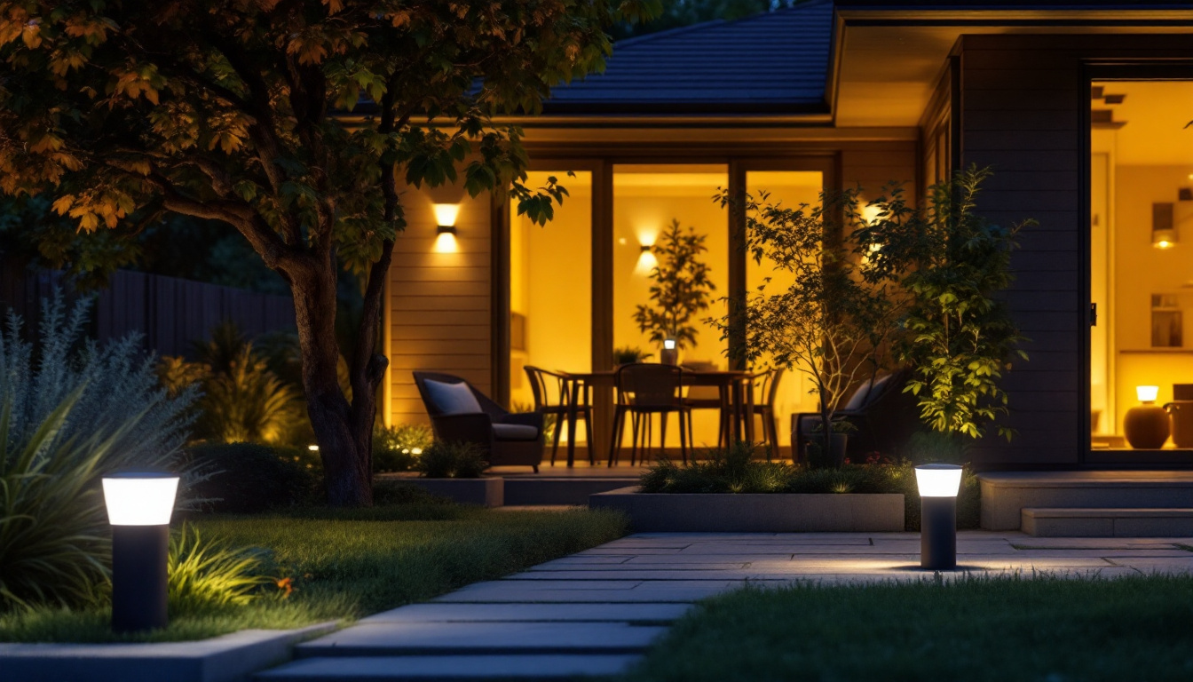 A photograph of a well-lit outdoor space showcasing various motion-sensing outdoor lights in action