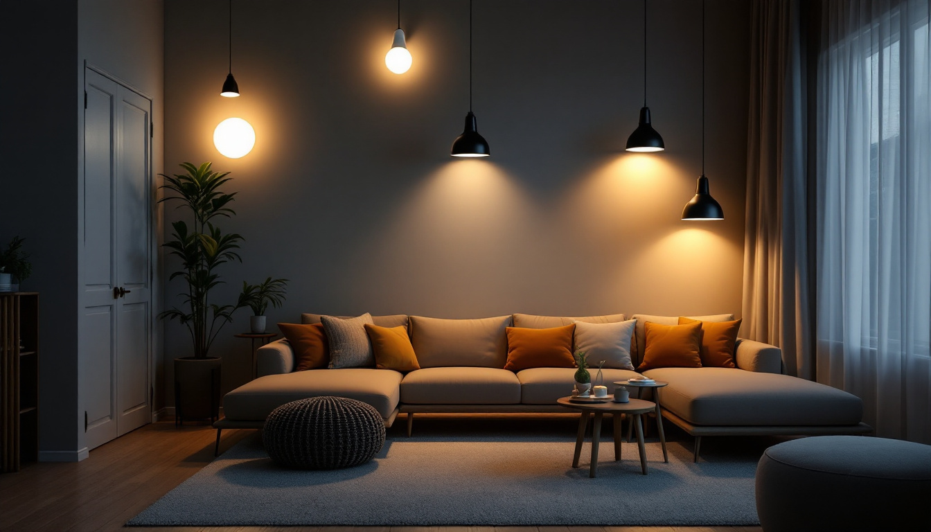 A photograph of a modern living space illuminated by various led pot light bulbs