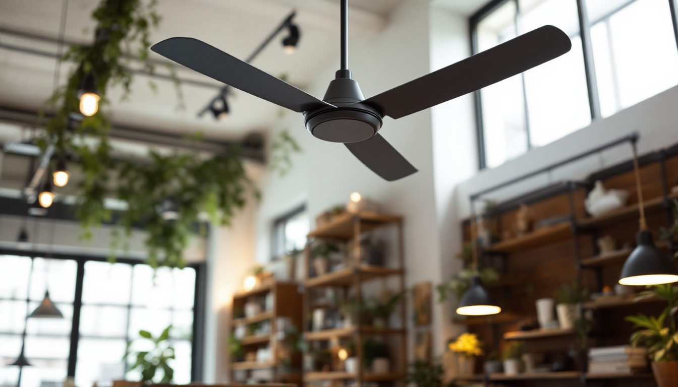 A photograph of a sleek industrial ceiling fan in a well-lit